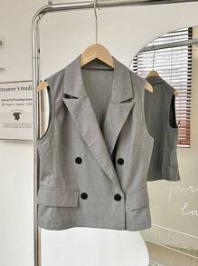 SHEIN Unity 夏季休闲双排扣纯色背心夹克