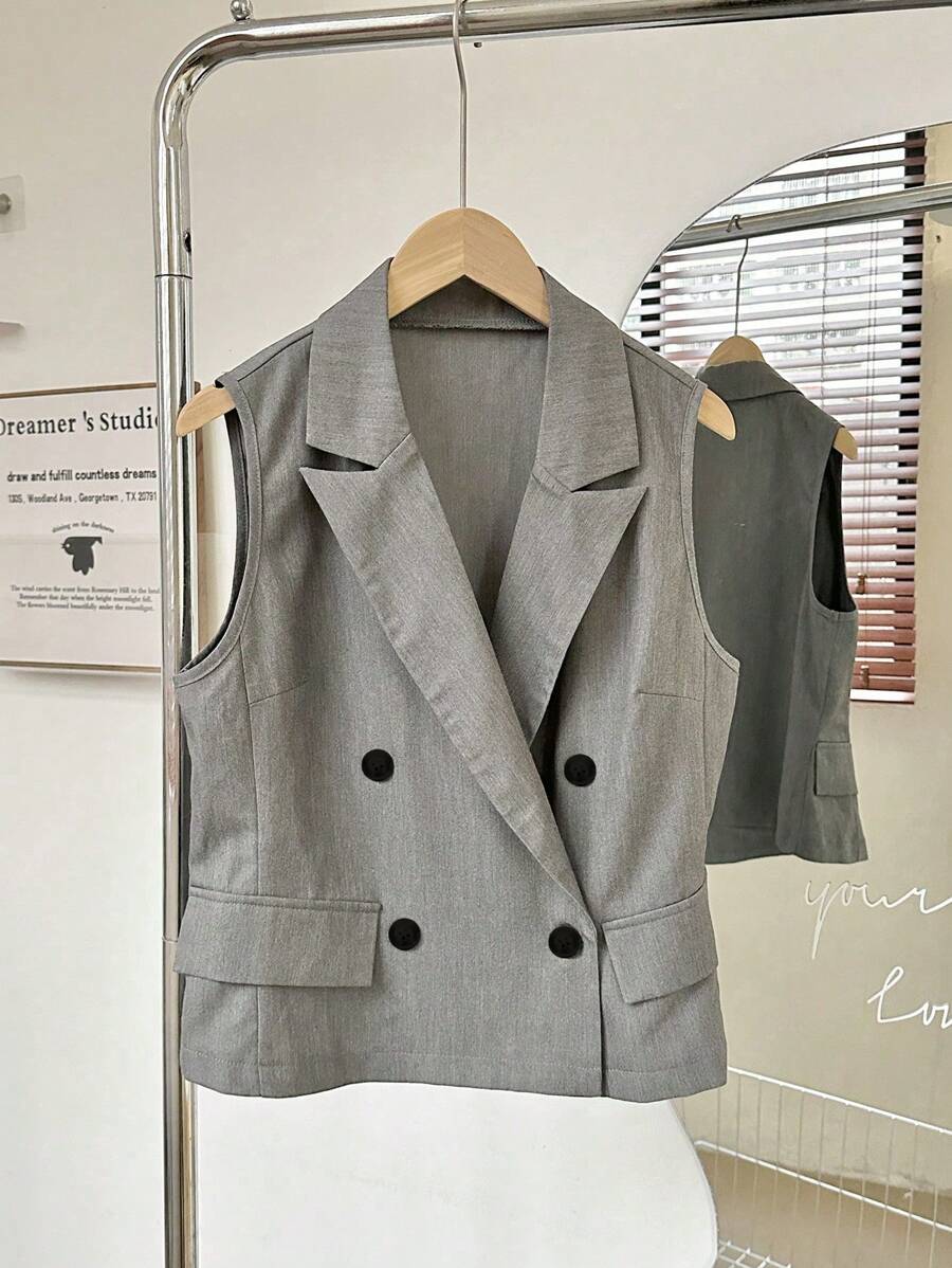 SHEIN Unity 夏季休闲双排扣纯色背心夹克