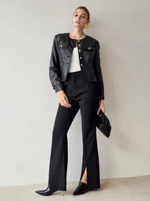 MOTF PREMIUM PU LEDEREN KLEP DETAIL ENKELE BREISTAS PLACKET JAS