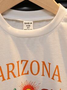 SHEIN 2 件装年轻女孩复古图案 T 恤和天鹅绒阔腿裤套装 - 彩色 - 查看 5