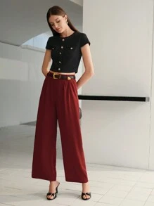 MOTF SOLID FOLD PLEATED SLANT POCKET WIDE LEG SUIT PANTS WITHOUT BELT - Burgundy - View 7