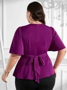 Modelyn Plus Size Women's Summer Solid Color V-Neck Short Puff Sleeve Ruffle Hem Elegant Blouse - Hot Pink - View 2
