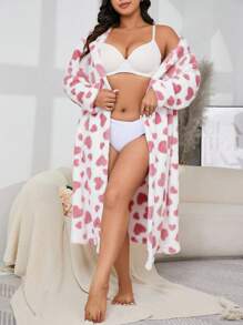 SHEIN Plusstorlek Dubbelsidig Fleece Hjärtmönster Varm Morgonrock, För Höst Vinter, Mysig Outfit, Fluffig - Multifärgad - Visa 6