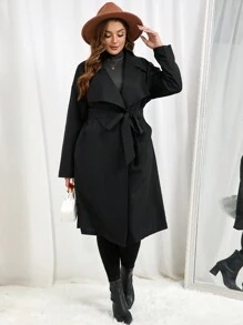 SHEIN Essnce Áo khoác trench coat hở trước cổ đen cỡ lớn cho nữ - màu đen - Xem 4