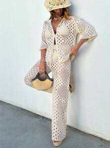 EURMUSE 鑽石針織花狀領飾連身褲夏季連身套裝遮陽服 - 米色 - 查看 3