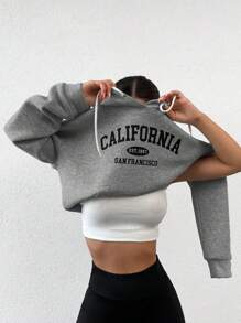 RueChic Letter Graphic Kangaroo Pocket Drop Shoulder Drawstring Hoodie - Grey - View 5