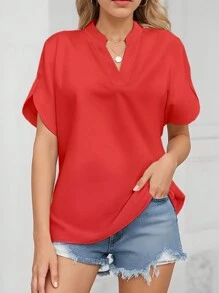 INAWLY Blusa de mujer de manga corta y cuello en V de unicolor, casual diario