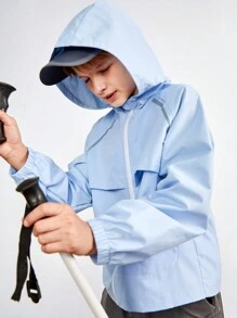 SHEIN Jaqueta esportiva com capuz para adolescentes com bolsos, resistente à água e à abrasão, para caminhadas, acampamentos, pesca, azul claro