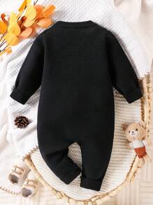 Baby Mädchen schwarzer & goldener Buchstaben Muster Rundhals Langarm Gelegenheits Jumpsuit - Schwarz - Übersicht 2