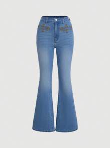 SHEIN MOD Women's Blue Casual Skinny Stretch Flare Jeans - Light Wash - View 1