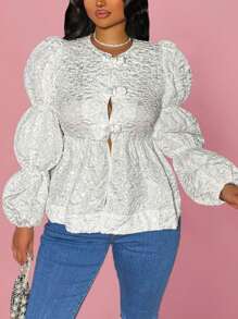 VaVaBold بلوزة أنيقة مزخرفة بأكمام منتفخة وأزرار ، ربيع خريف