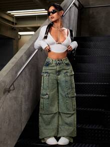 SHEIN ICON Quý cô Cargo Denim Quần jean - Màu xanh lam - Xem 3
