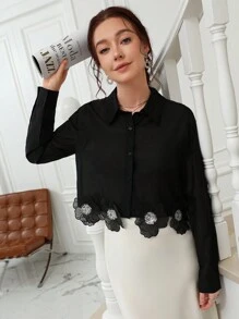 Chiquease Áo cánh tay ngắn thêu họa tiết hoa 3D viền gấu thời trang, áo dài tay - màu đen - Xem 7