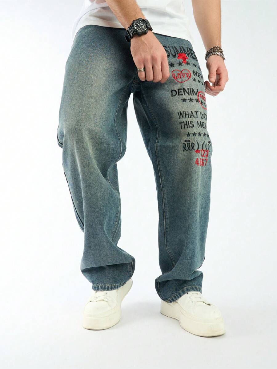 Manfinity Homme Men's Slogan Print Relaxed Fit Straight Leg Casual Baggy Jeans