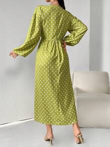 Mulvari Damen Kleid mit Langarm und Bindekordel vorne, mit Polka Punkt Muster