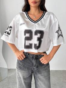 SHEIN EZwear V 领网状字母与数字印花宽松短款上衣 - 白色 - 查看 5