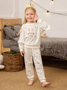 2pcs Young Girl Apricot Minimalist Ditsy Floral & Rabbit Embroidered Print Long Sleeve Pajama Set - Apricot - View 1