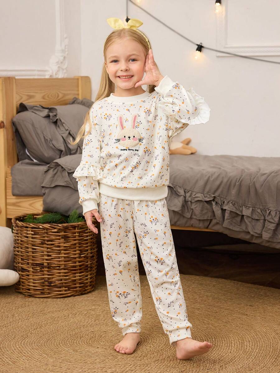 2pcs Young Girl Apricot Minimalist Ditsy Floral & Rabbit Embroidered Print Long Sleeve Pajama Set - Apricot - View 1