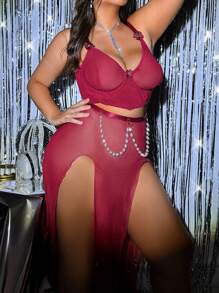 Conjunto de lencería sexy de talla grande con encaje y perlas