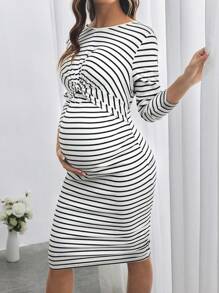 SHEIN Vestido largo ajustado de Body entero con rayas para mujeres embarazadas, para uso casual/trabajo, primavera/otoño - Blanco y Negro - Ver 4