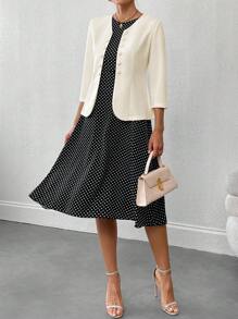 SHEIN LUNE 2pcs Women's Polka Dot Print Sleeveless Dress And Solid Color Coat Set - Multicolor - View 1