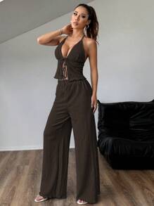 SHEIN Clasi Conjunto de camiseta de tirantes y pantalones anchos sueltos plisados con textura sexy para mujer, verano