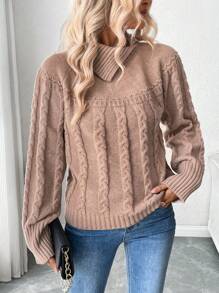 SHEIN Clasi Women's Long Sleeve Cable Knit Sweater, Knit Pullover Fall Winter - Apricot - View 6