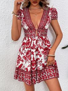 SHEIN VCAY Retro Printed V-Neck, Ruffled Sleeve, Cinched Waist, Short Woven Vacation Dress For Women