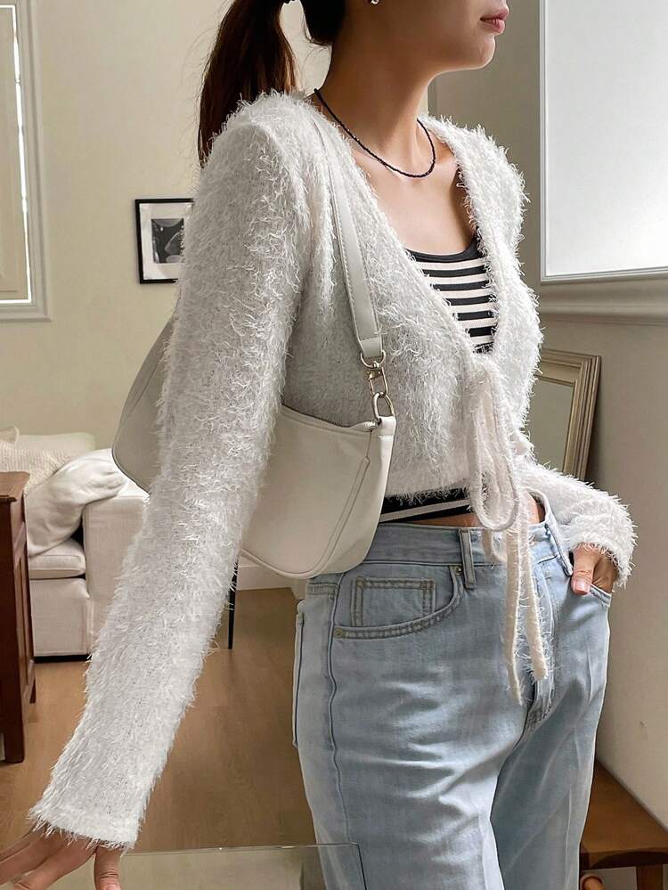 V-Neck Tie Front Long Sleeve Solid Knit Sweater