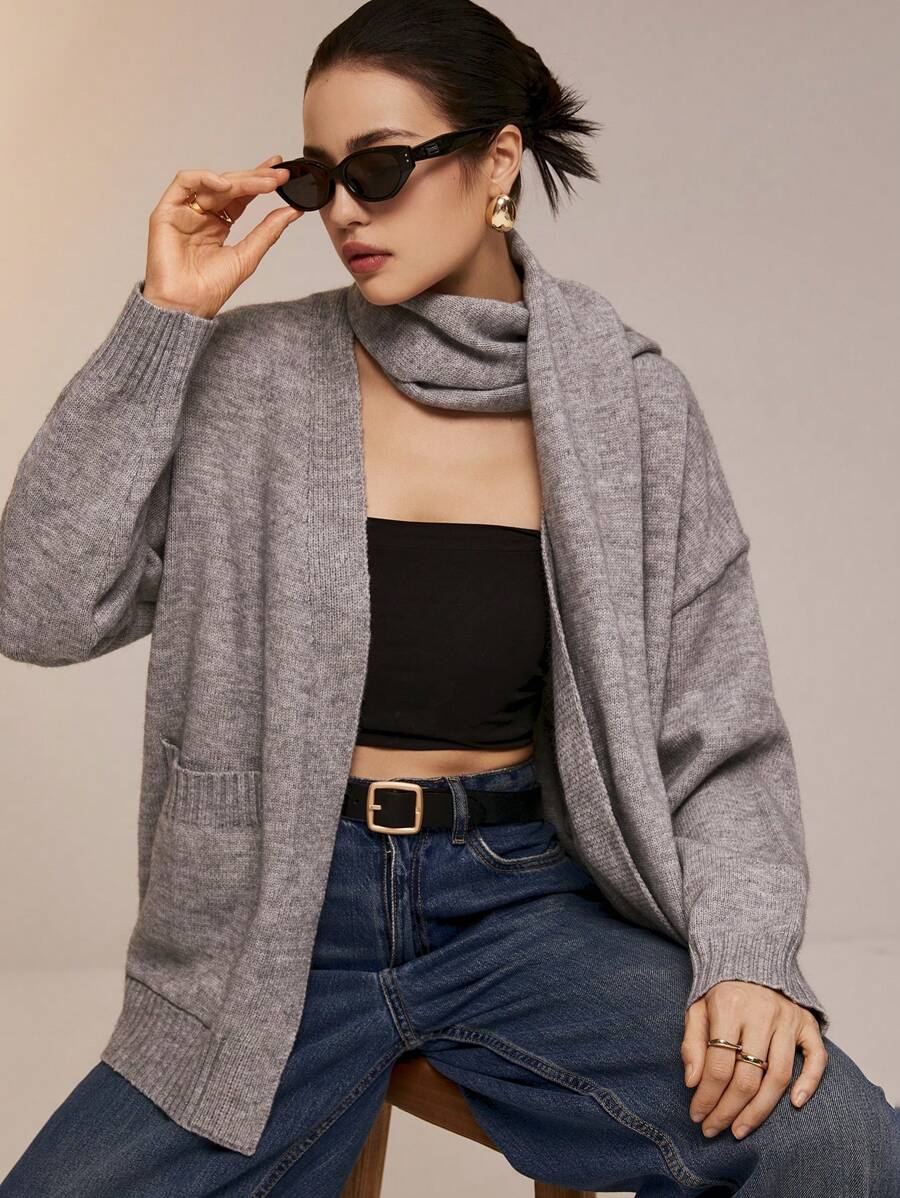 Poéselle 针织外套配围巾，宽松开衫配秋灰色围巾图案，极简云朵花纱，针织披肩，圣诞毛衣，美式毛衣 - 灰色 - 查看 1