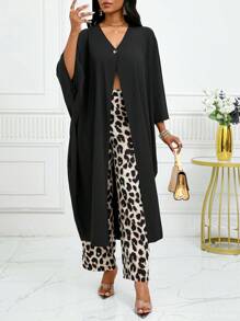 SHEIN Lady Conjunto de dos piezas con top tipo bata con abertura y pantalones con estampado de leopardo para mujer. Vestidos elegantes de fiesta de otoño 2024 - Multicolor - Ver 7