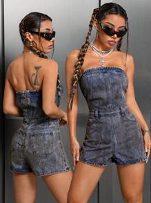 SHEIN ICON Vintage Strapless Zip Back Washed Denim Jumpsuit - Dark Wash - View 1