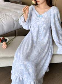 DAZY Women's Winter Heart Print Flannel Ruffled Nightgown Pajama,Thermal Lined - Blue - View 3