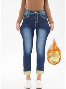 Women's Warm Thermal Lined Skinny Denim Jeggings For Winter - Blue - View 4