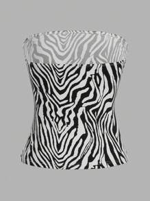 SHEIN EZwear 4 件套女士时尚动物印花抹胸，夏季 - 黑與白 - 查看 3