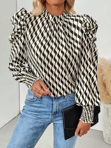 SHEIN Clasi Women's Rule Print Long Sleeve Ruched Shirt
