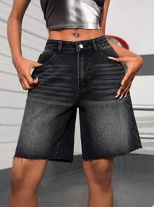 SHEIN EZwear Women's Pocket Design Frayed Hem Wide Leg Bermuda Denim Shorts - Black - View 7