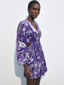 Maija 女士度假植物印花 V 领灯笼袖镂空腰部短款连衣裙西式连衣裙 - 紫色 - 查看 4