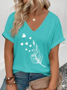 EMERY ROSE Women Plus Size V-Neck Ruffle Feather Heart Print Casual T-Shirt Graphic Tees Women Tops - Blue - View 1