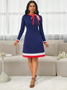 SHEIN Lady Vestidos de oficina de otoño e invierno, vestido azul marino de punto y rojo y blanco con cuello redondo, manga larga, línea A, vestidos para mujer con lazo en la parte delantera - Multicolor - Ver 5