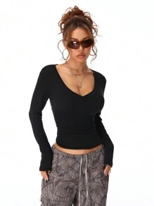 Coolane 女式秋冬休闲针织羊毛 V 领 T 恤 - 黑色 - 查看 6