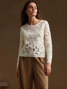 Anewsta Casual Long Sleeve Women Sweater, Crochet Style With Hollow Tree Pattern, Women Casual Outfit - White - View 6