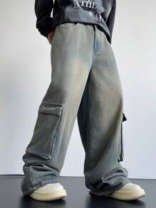 Manfinity EMRG Y2K 复古街头服饰男式破洞浅蓝色宽松多口袋牛仔裤