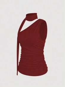 INAWLY Camiseta sin mangas de mujer de unicolor, con pliegues y corte ceñido, de moda para el verano