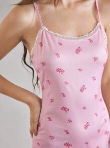 Silk-Like Floral Lace Insert Spaghetti Strap Romper - Pink - View 3