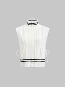 SHEIN X PERLA SHEIN Unity Damen gestreifter Stehkragenpullunder mit Seitenbindung, vielseitig einsetzbar, aus Strick, Frühling Herbst - Aprikosenfarben - Übersicht 3
