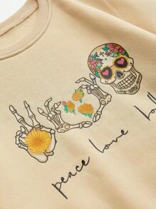 SHEIN Unity Sudadera holgada con cuello redondo, estampado de letras y calavera, de manga caída, para mujer, otoño/invierno, tipo pullover de Halloween - Albaricoque - Ver 6