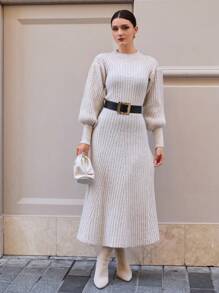 EURMUSE Women Baloon Sleeve And A-Lline Hem Detailed Maxi Sweater Dress - Beige - View 5