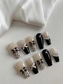 10片装长款棺材形渐变图案小黑白蝴蝶结美甲贴片，饰以白色仿珍珠，黑色法式边，手工制作，可拆卸可重复使用，情人节礼物，适合女孩、女士聚会等场合，手工美甲套装。 - 彩色 - 查看 1