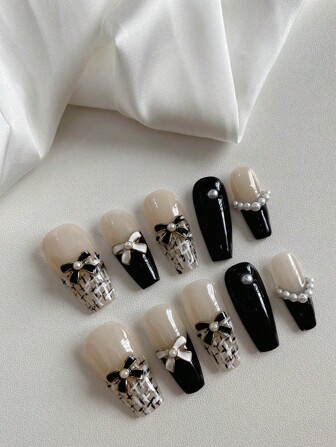 10 Pieces Long Length Coffin Shape Gradient Pattern Small Black And White Bow With White Faux Pearl Embellishment Black French Edge Nail Art Design Hand Made Nail Finger Nail Nail Piece Detachable Reusable, Suitable For Girls, Ladies Party Gathering, A Gift Set Of Nail Kit Press On Nails Nail Supplies Nails